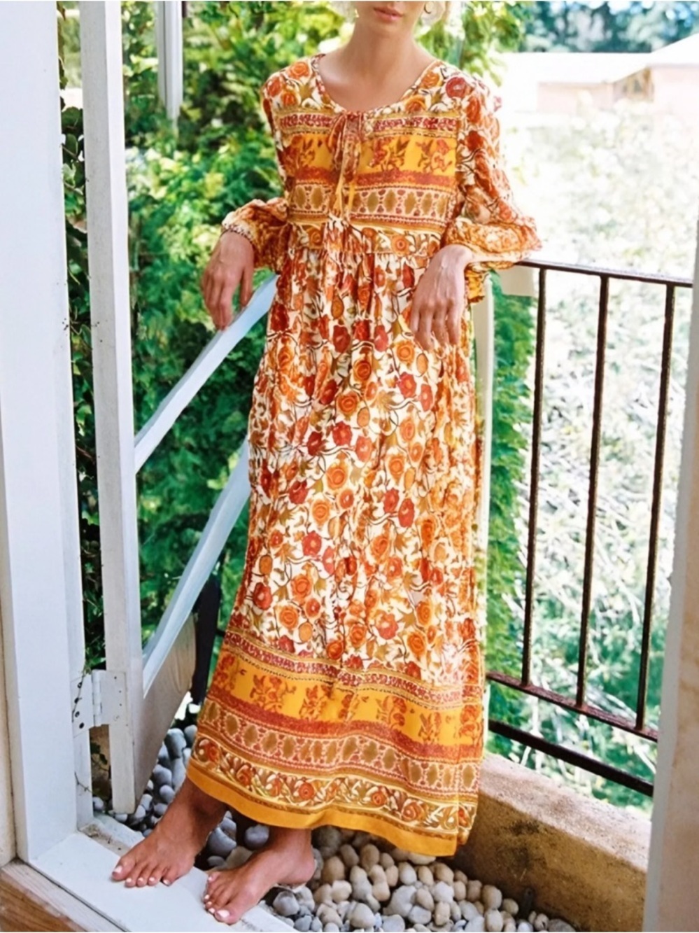 R. VIVIMOS Boho Indian Peasant Cottagecore Orange Floral Flowy Beachy Midi Dress